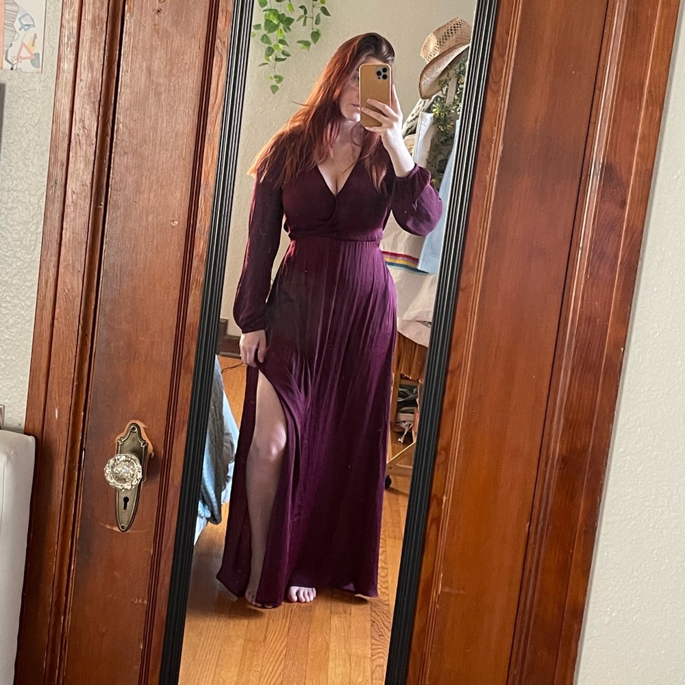 Long Sleeve Burgundy Satin Maxi Dress